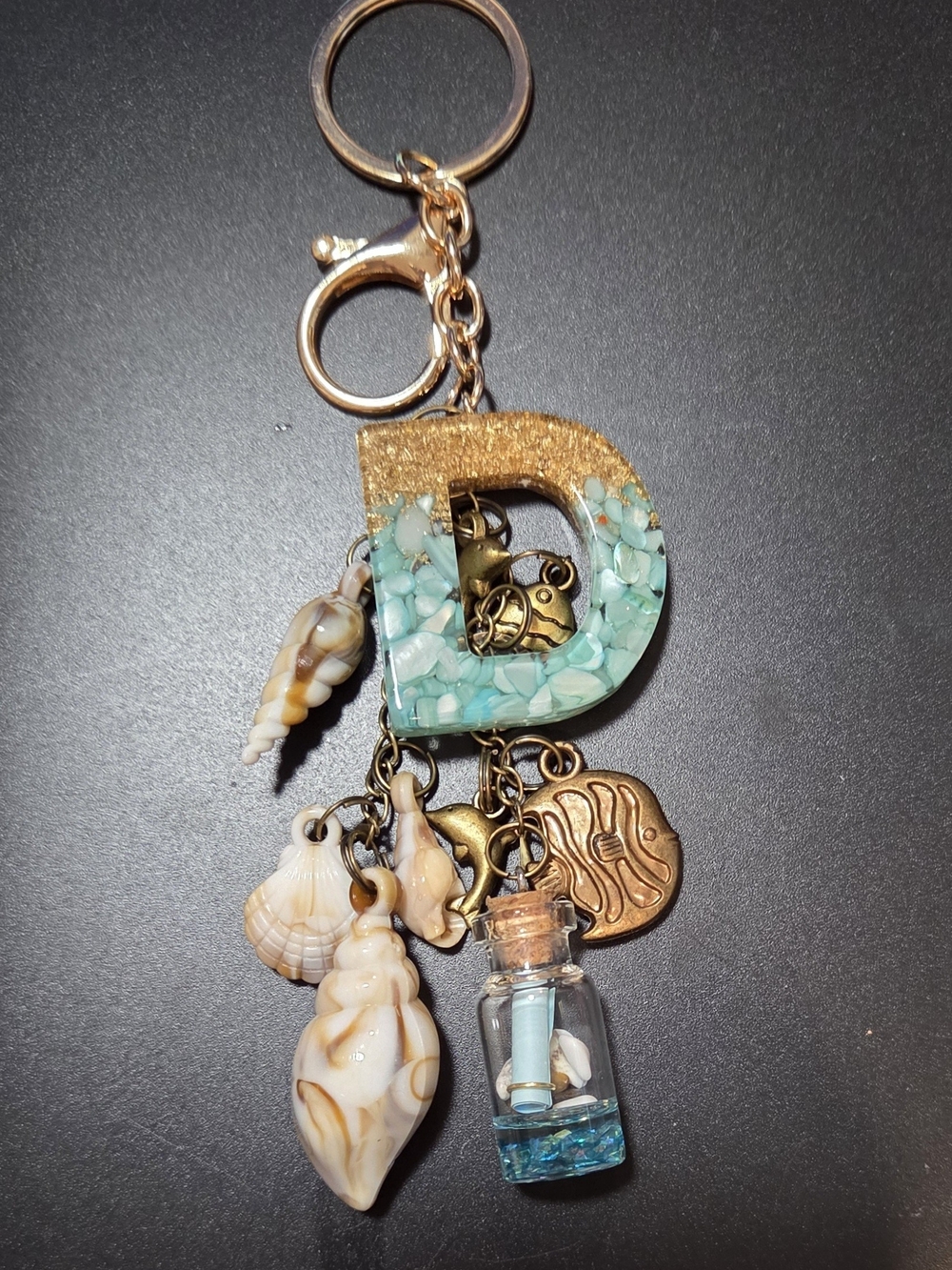 Monogram 'D' Shell & Bottle Charm Keychain - Aqua/Gold